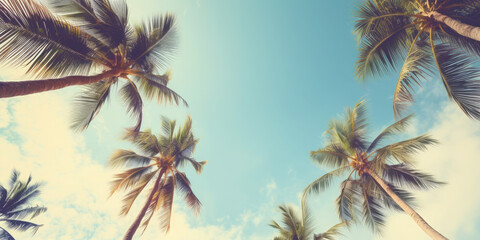 Wall Mural - Summer holidays travel concept. Palm trees against blue sky