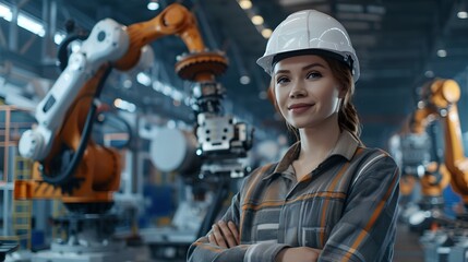 Poster - female engineer with robotic arms in plant. automation and manufacturing industry concept. modern te