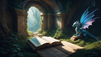 Wall Mural - The book opens to a magical land with portals, forests and mysterious creatures