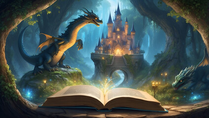 Poster - The book opens to a magical land with portals, forests and mysterious creatures
