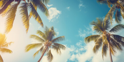 Wall Mural - Summer holidays travel concept. Palm trees against blue sky