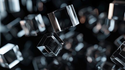 Abstract close-up of transparent geometric cubes floating with depth of field against a dark background, showcasing modern design and symmetry.