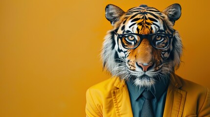 Wall Mural - Modern tiger in fashionable trendy outfit with hipster glasses and business suit. Creative animal concept banner. color background banner with copyspace