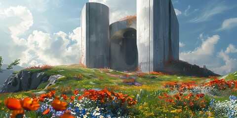 Wall Mural - Brutalist monument on a flower covered hill on a sunny day