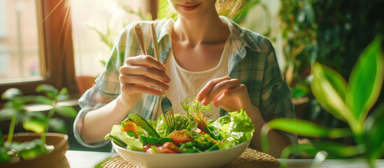 Wall Mural - woman eating enjoying healthy food salad