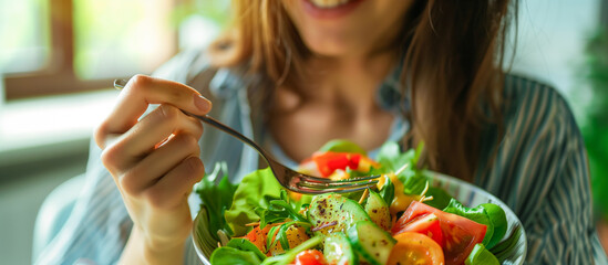 Wall Mural - woman eating enjoying healthy food salad