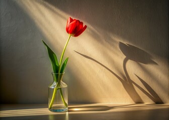 Wall Mural - the simple beauty of a graceful flower in a transparent glass vase filters sunlight, casting dynamic shadows on a plain wall