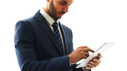 Poster - portrait of a businessman using a digital tablet isolated on transparent background 