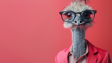 Modern emu bird in fashionable trendy outfit with hipster glasses and red business suit. Creative animal concept banner. Pastel red background banner with copyspace