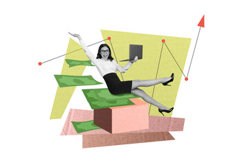 Poster - Collage photo of remote worker businesswoman formalwear hands up hold laptop stocks analyze dollar currency isolated on green background
