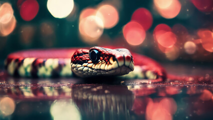 A snake is shown in a blurry image with a red and white pattern