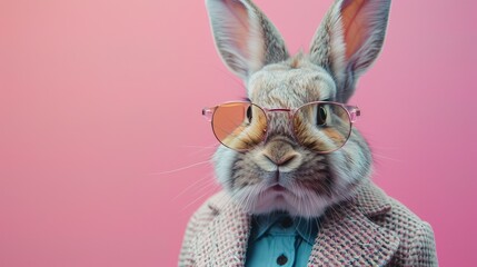 Modern bunny in fashionable trendy outfit with hipster glasses and business suit. Creative animal concept banner. Pastel background banner with copyspace