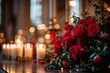 © Pixel Anjali - Church decorated for Christmas. Beautiful Christmas setting in church with burning candles, red roses and green thorn branches, Generative AI