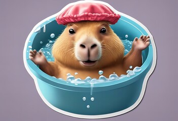A cartoon small animal capybara wearing a pink hat and sitting in a bathtub