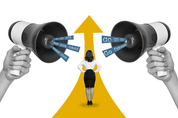 Poster - Creative collage picture of black white colors arms hold loudspeaker toa support motivate mini girl go forward yes you can never stop
