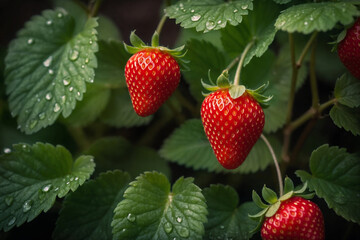Canvas Print - Strawberry with leaves ai generated. Strawberries on a bush outdoor. Strawberry in a garden with soft focus. Generative AI.