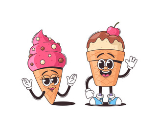 Wall Mural - two cartoon ice cream cone characters with cute happy faces. vector illustration with colorful, fun 