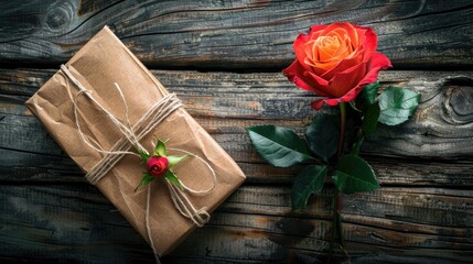 Poster - Rose and gift on wooden backdrop for Valentine s Day