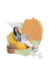 Aufkleber - Vertical collage image of minded positive girl sit beanbag use netbook contemplate house building silhouette isolated on creative background