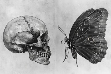 Poster - Butterfly and skull tattoo, juxtaposed design, black ink, on plain white background