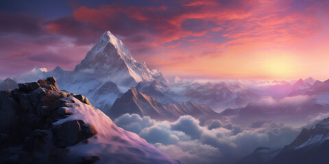 Wall Mural - Majestic Mountain Summit With Evening Cloudscape. Sunrise Over Snowy Peaks Under Sky. Generative AI