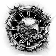 Poster - A clock tattoo with intricate Roman numerals, precise mechanics, black ink, set against a plain white backdrop