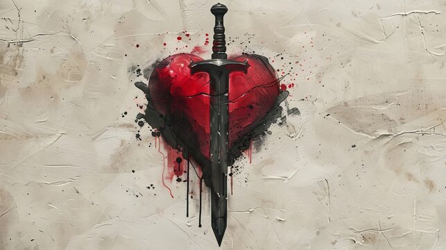Dagger tattoo in black and red ink pierces through a heart, set against a plain white backdrop