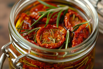Dried tomatoes in a glass jar with olive oil and rosemary 