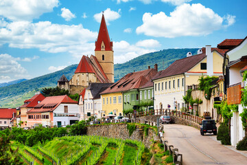 Wall Mural - Historic village Weissenkirchen located in wine - growing area, Lower Austria landscape