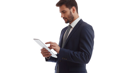 Poster - portrait of a businessman using a digital tablet isolated on transparent background 