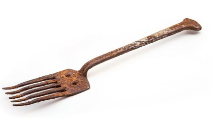 rusty old garden fork on isolated white background, Material work concept for designer