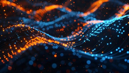 Poster - Abstract digital background with glowing blue and orange dots connected in the style of lines forming an intricate network on a dark backdrop 
