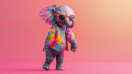 Wall Mural - Small Elephant wearing colorful clothes and sunglasses dancing on the pink background