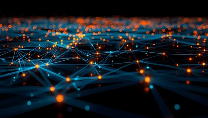  - Abstract digital background with glowing blue and orange dots connected in the style of lines forming an intricate network on a dark backdrop 
