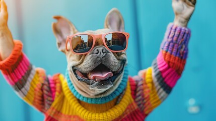 Wall Mural - Dog wearing colorful clothes and sunglasses dancing on the blue background