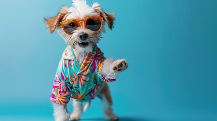 Wall Mural - Dog wearing colorful clothes and sunglasses dancing on the blue background