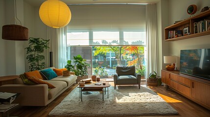Poster - Friends hanging curtains and blinds, with an open area for text