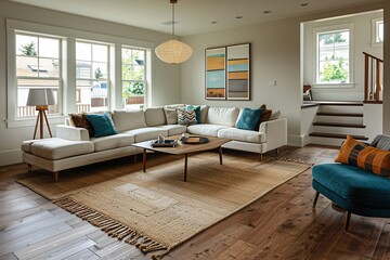 Poster - family arranging living room furniture, with a blank section for text