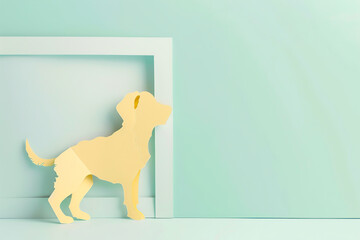 Wall Mural - Cute adorable orange dog, simple flat illustration with pastel color and paper cut style, copy space, blue background