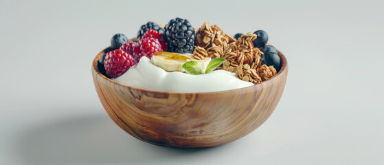 Wall Mural - Rustic bowl of fruits and granola, banana, healthy and light breakfast