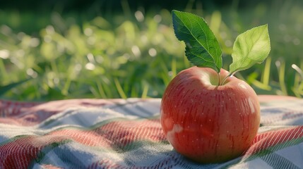 Wall Mural - A ripe, juicy red apple with a single green leaf attached, placed on a picnic blanket.