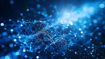  - Abstract background with glowing blue lines and dots forming a network of connections on a dark backdrop, symbolizing global connectivity in the digital world

