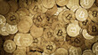 © RocknRoller Studios - Bitcoin Cryptocurrency represented as Gold Coins. Decentralized Business Wallpaper. 3D Render.