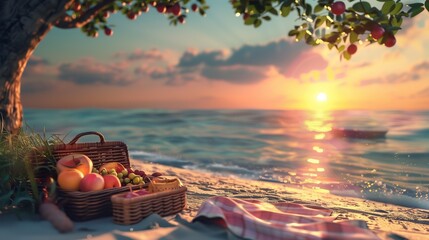 Wall Mural - A scenic view of a beach picnic at sunset, with a picnic basket and a variety of delicious foods.