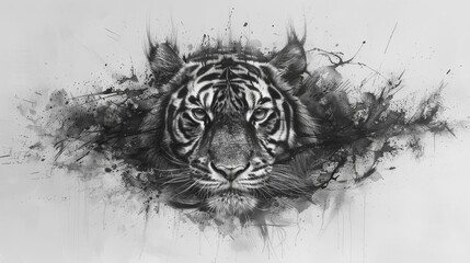 Realistic tiger tattoo with a fierce black and grey expression on a plain white background stands out