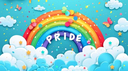 Sticker - 3D rainbow Pride illustration with vibrant colors and puffy clouds, symbolizing LGBTQ+ celebration and inclusivity in a playful, artistic design.