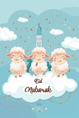 Wall Mural - Eid mubarak text with cute sheep on a cloud, a mosque in the background. Eid Al Adha mubarak