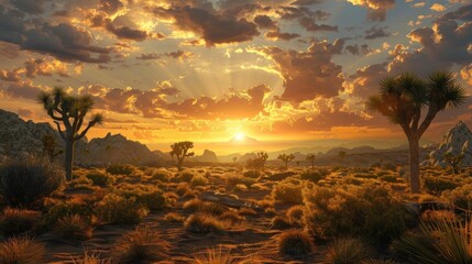A serene, desert landscape with a sunset and trees.