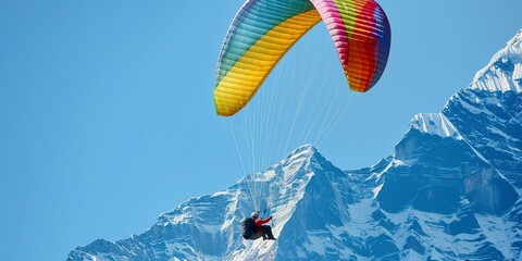 Canvas Print - Paraglider soaring near mountain peak, close-up on colorful canopy against clear blue sky, high altitude. 