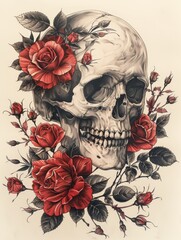 Poster - Skull tattoo with roses in black and red ink on a plain white background creates a striking contrast